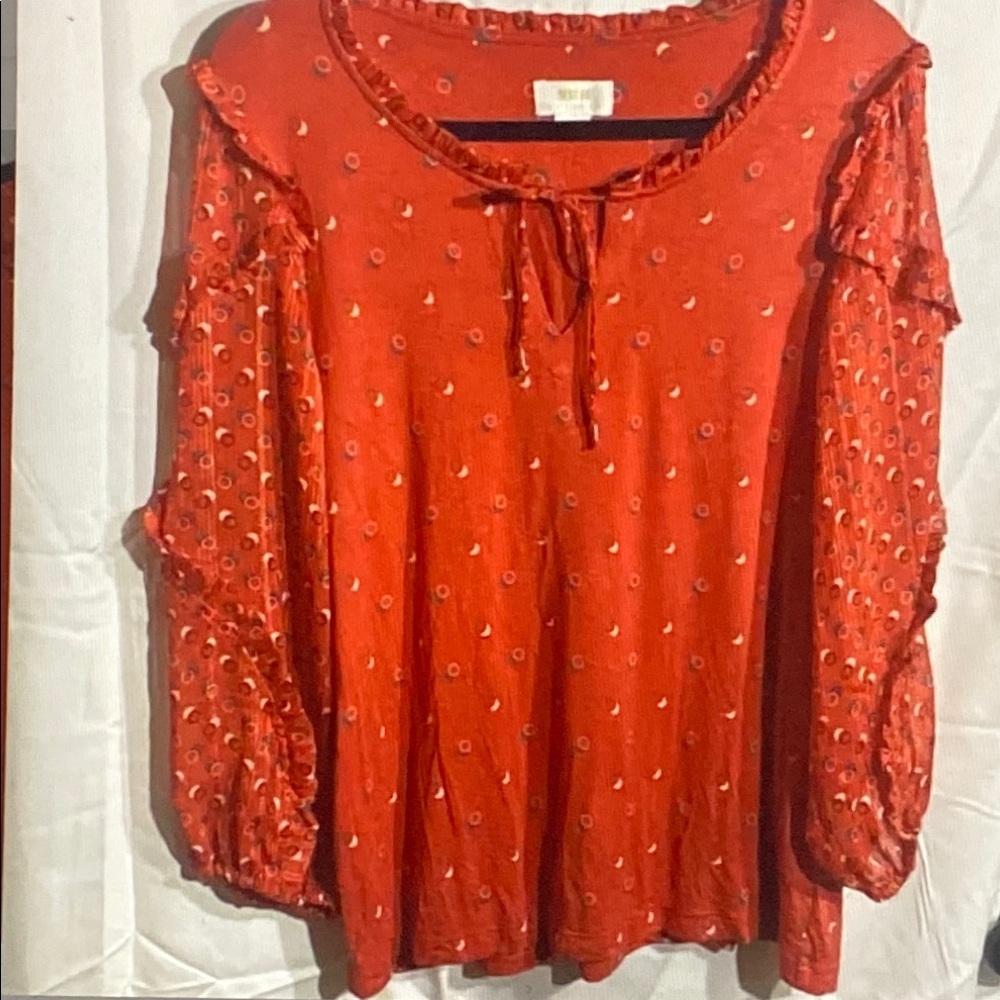 Anthropologie Red Blouse with Ruffle Accents